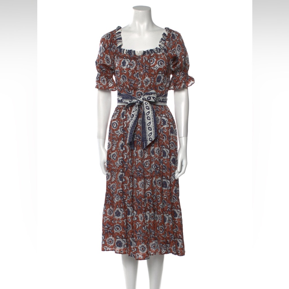 Cleobella Rust and Navy Square Neck Midi Dress